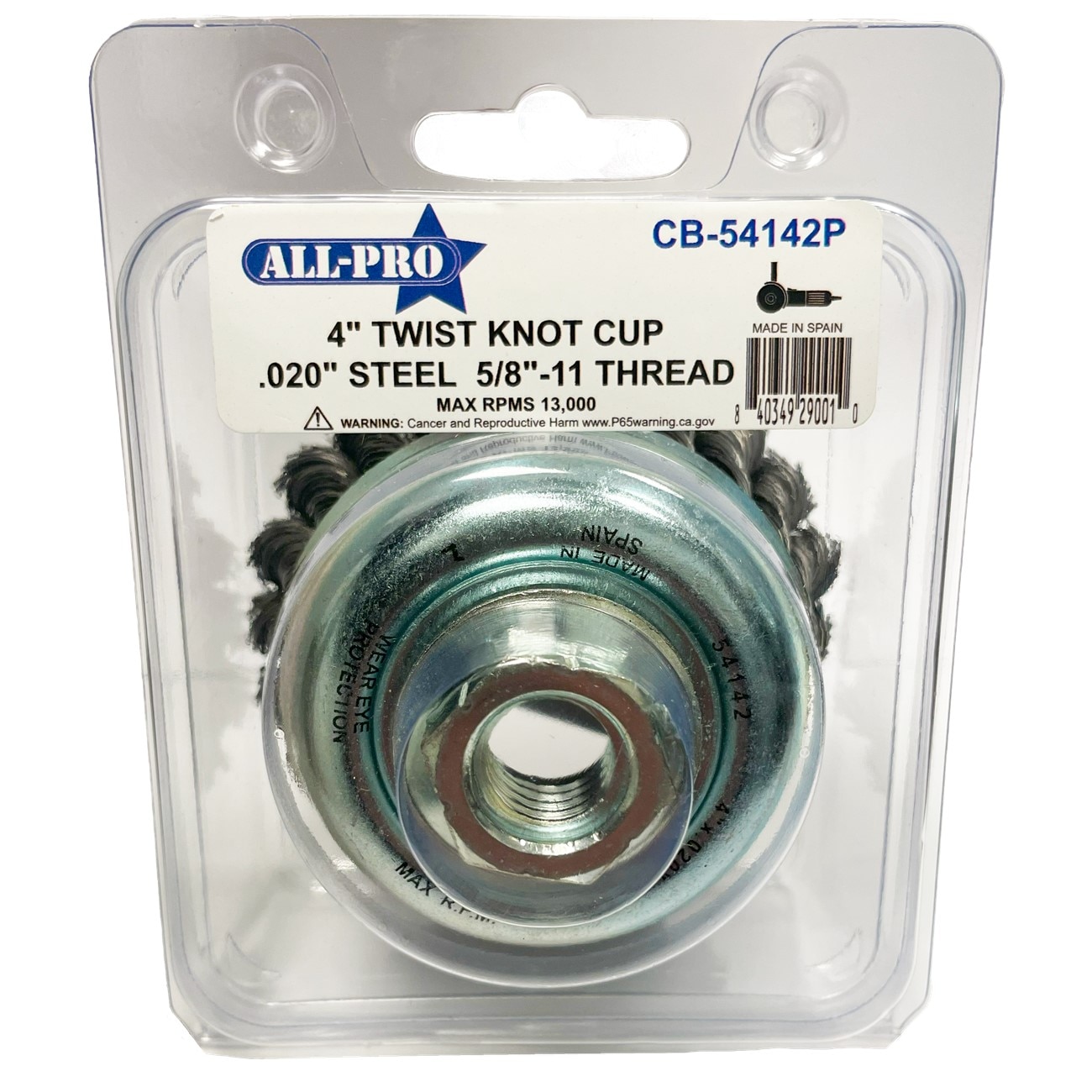 All-Pro ALPCB-56142P Cup Brush Twist Knot Clamshell 6" 020" Steel 5/8"-11