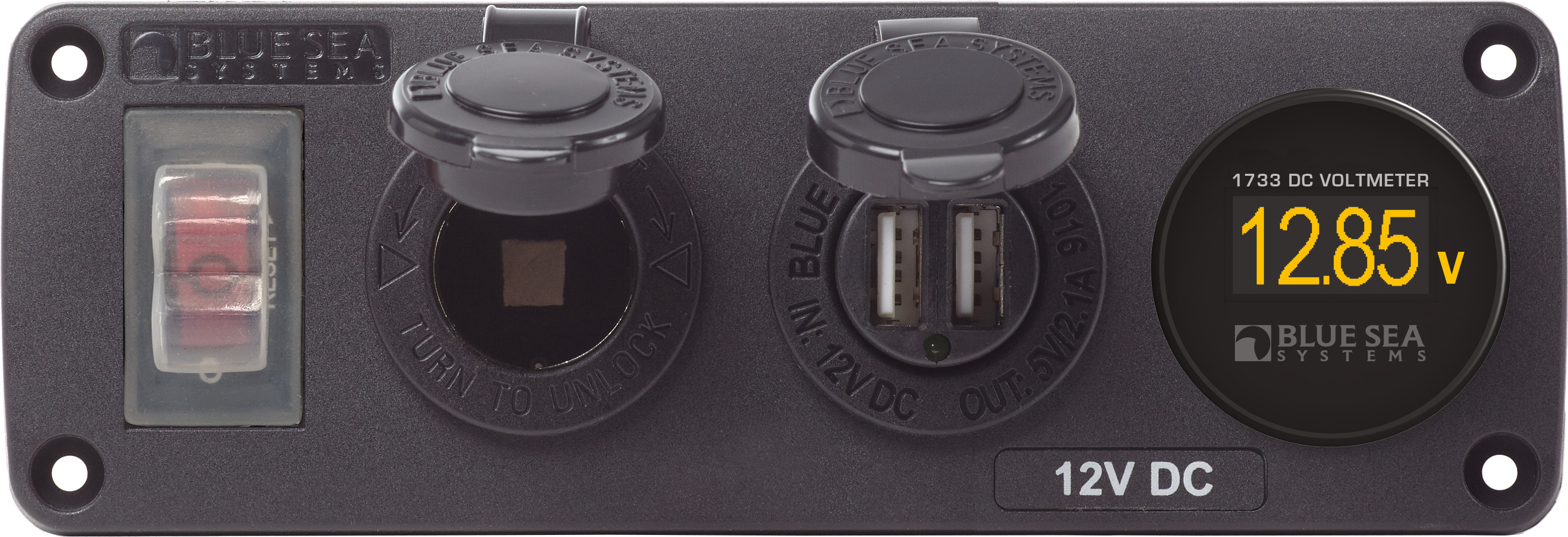 Blue Sea 4366-BSS Water-Resistant 12V 15A Circuit Accessory Panel Socket, Dual USB, Volt Meter