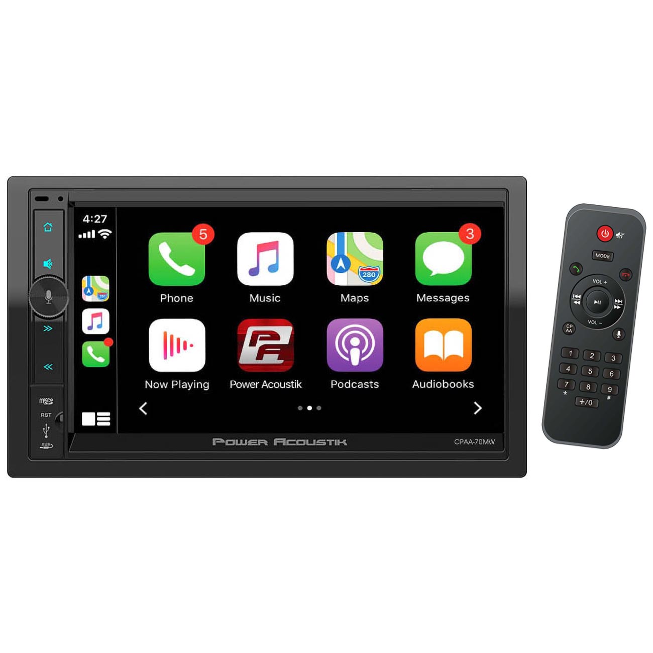 Power Acoustik 7” Double DIN Mechless Receiver with Wireless Apple CarPlay/Android Auto