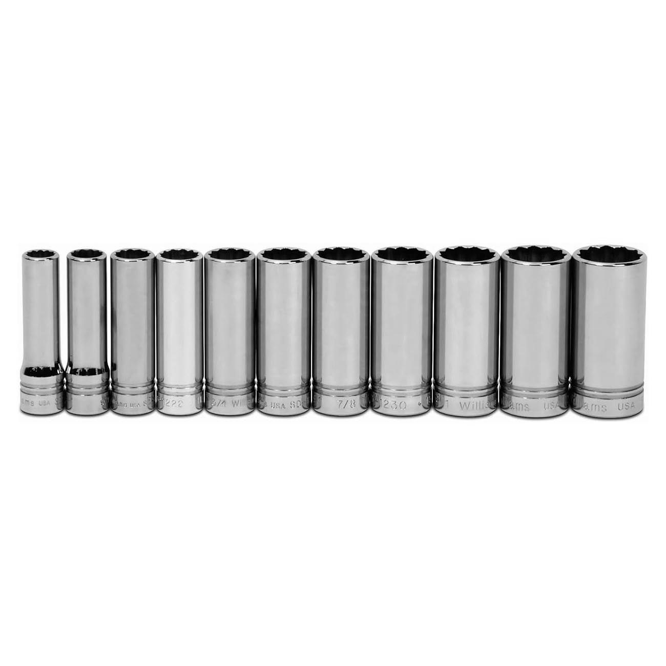 Williams 1/2" Drive Deep SAE Socket Set on Clip Rail 12-Point (11 Piece)