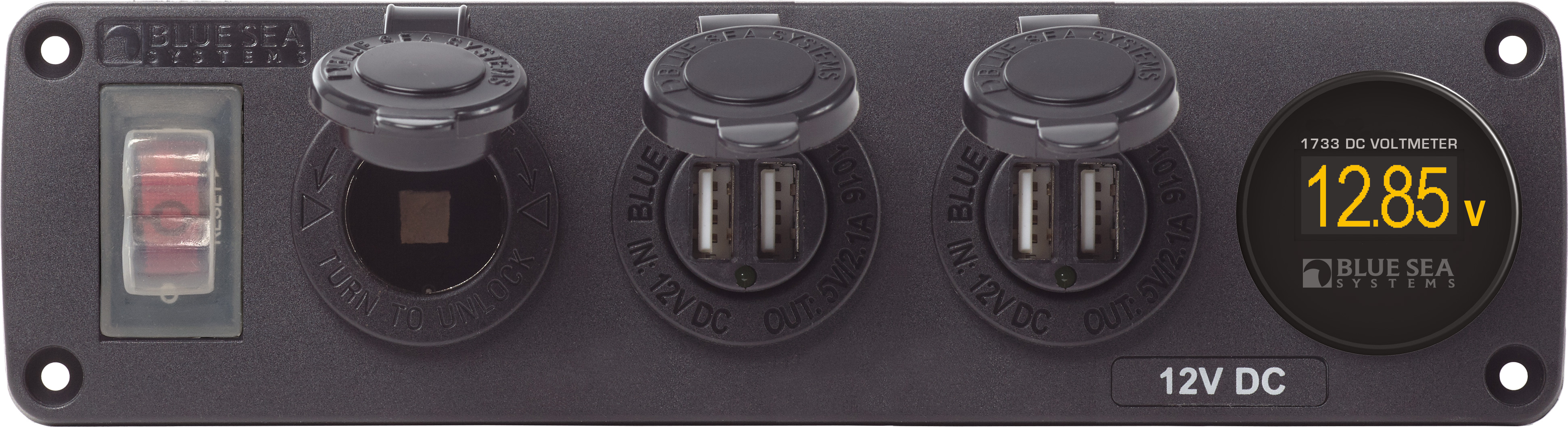 Blue Sea 4368-BSS Water-Resistant 12V 15A Circuit Accessory Panel Socket, 2-Dual USB, Volt Meter