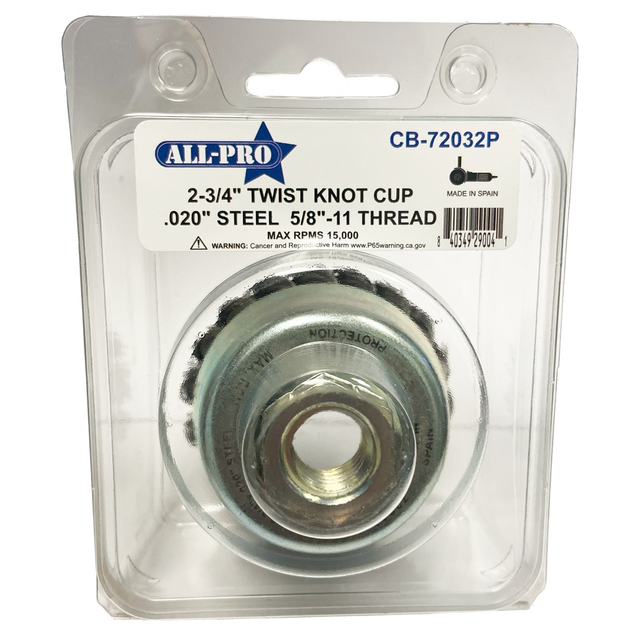 All-Pro ALPCB-72032P Cup Brush Twist Knot Clamshell 2-3/4" 020" Steel 5/8"-11
