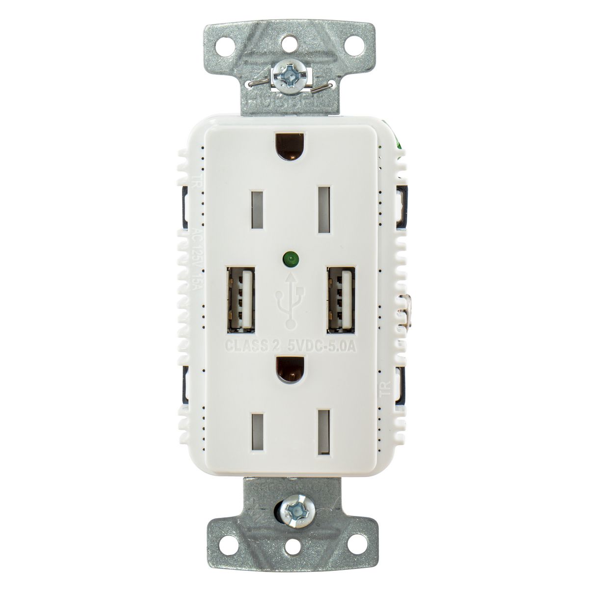 Hubbell USB15A5W White Outlet Dual 15 Amp 125v 2-Pole and 5 5v USB Ports